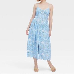 New Roller rabbit Floral Vines Drop Waist Midi A-line Blue Dress